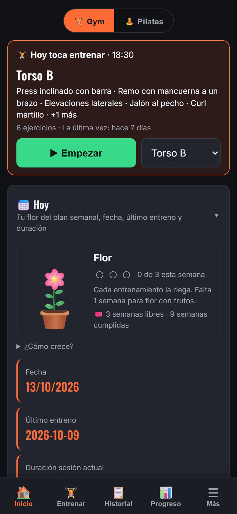 Inicio: hoy toca entrenar, con la rutina del día y la flor del plan